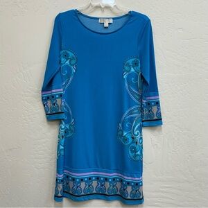 Michael Kors Blue Midi Dress with a Paisley Pattern 3/4 Sleeve & Round Neck